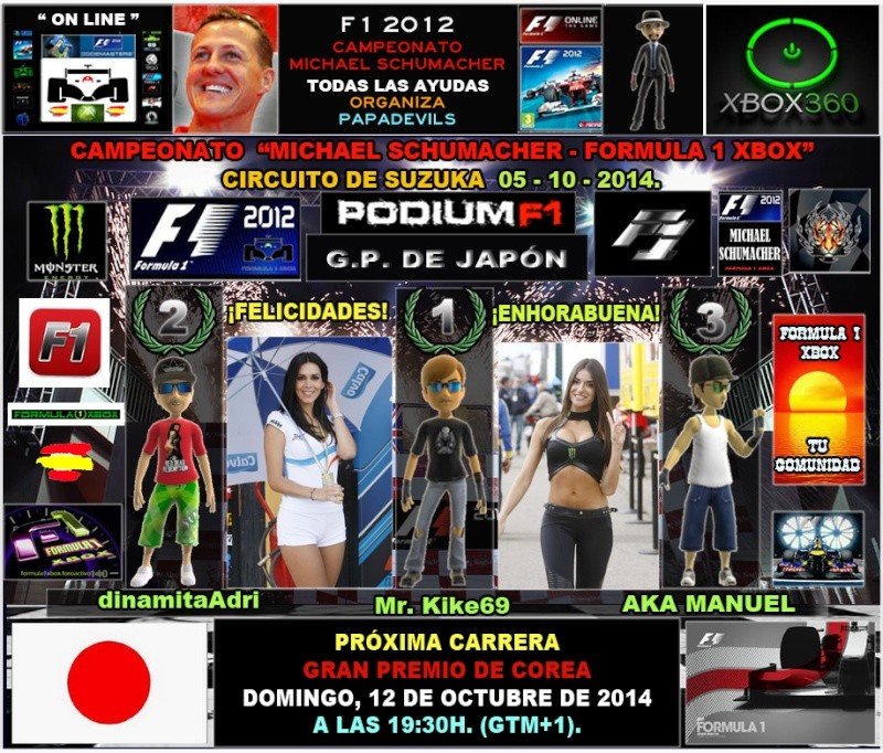 F1 2012 / RESULTADOS DE LA 15ª CARRERA / CLASI / PODIUM / CLASIFICACIÓN GENERAL   Campeonato "Michael Schumacher - Formula 1 Xbox"  Gran Premio de Japón - Circuito de Suzuka, Domingo 05 de Octubrebre de 2014. F1-pod34