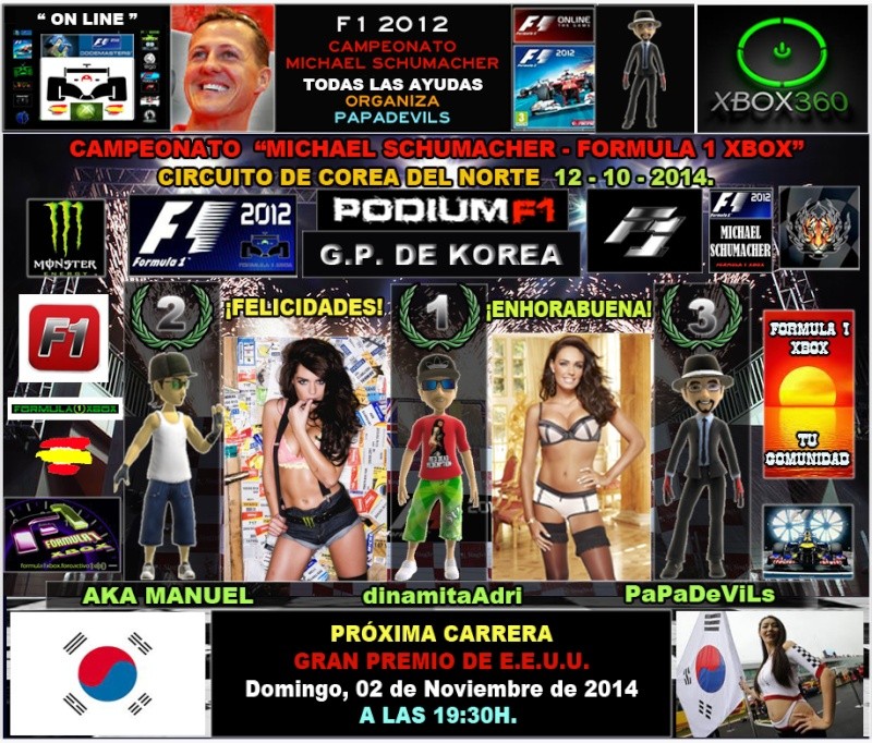 F1 2012 / RESULTADOS DE LA 16ª CARRERA / CLASI / PODIUM / CLASIFICACIÓN GENERAL   Campeonato "Michael Schumacher - Formula 1 Xbox"  Gran Premio de Korea - Circuito de Yeongam, Domingo 12 de Octubre de 2014. F1-pod35