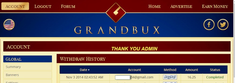 إثبات دفع شخصي وفوري بقيمة 16.25$ بتاريخ 03/11/2014 من الصادقة grandbux 03-11-13