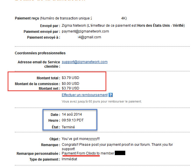 إثبات دفع فوري شخصي بقيمة 3.79 $ بتاريخ 14/08/2014 من الصادقة  clixdo 2014-096