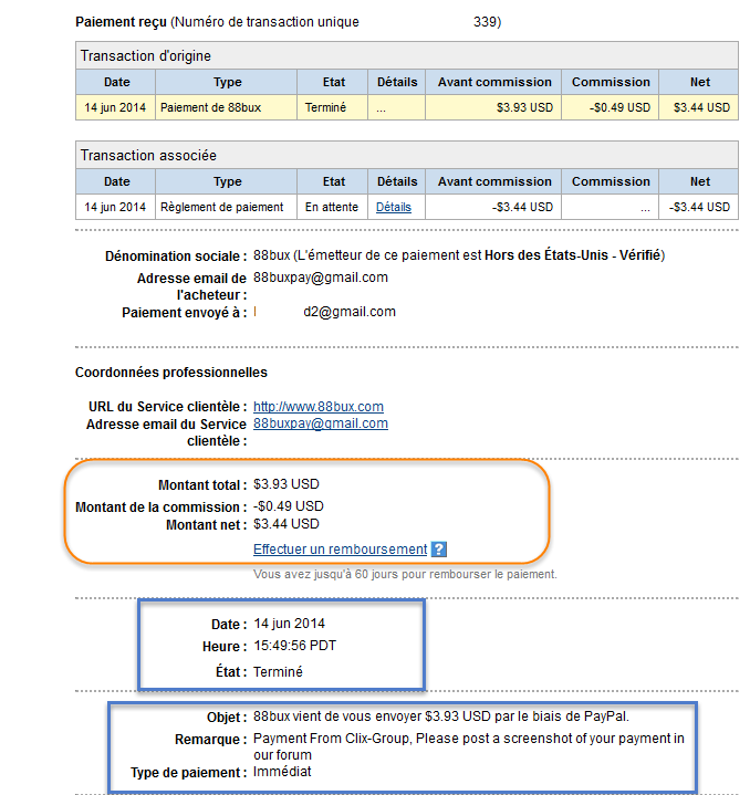 إثبات دفع شخصي بقيمة 4$ بتاريخ 14/06/2014 من الصادقة 88bux 2014-105