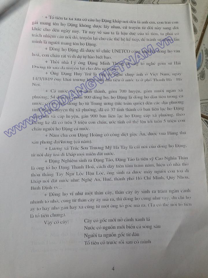 Tóm tắt sơ lược lịch sử và đặc điểm dòng họ Đặng Việt Nam (báo cáo năm 2007) của Ban liên lạc họ Đặng tỉnh Thanh Hoá, Huyện Cẩm Thuỷ) 410