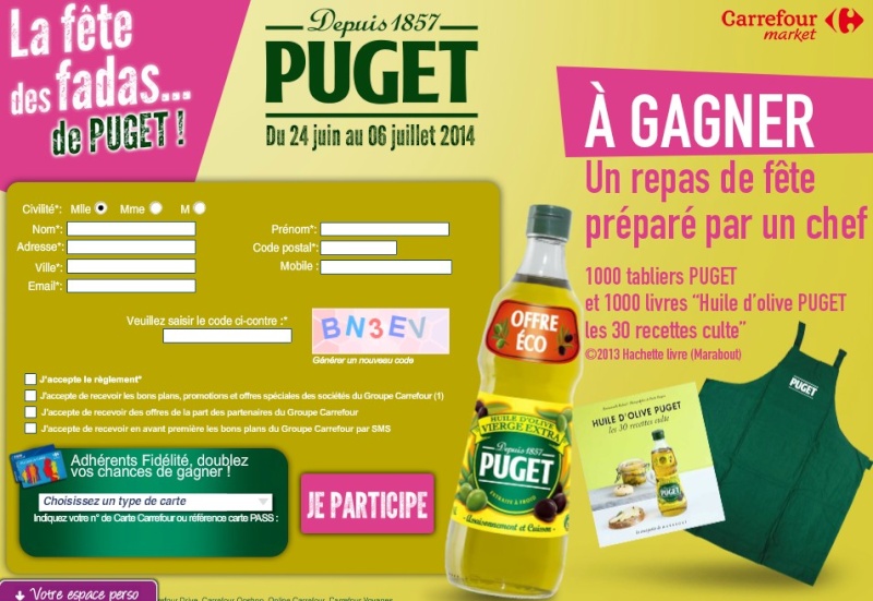 24.06 Tas Carrefour 1000 tabliers , 1000 livres de recettes L'huile d'olive Puget  DLP:6/07/2014 13628215