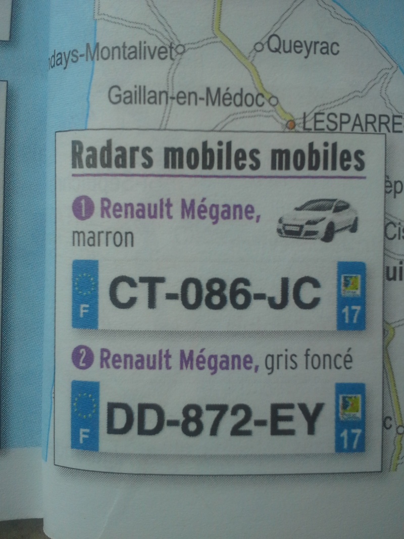 Liste des plaques d'immatriculation des radars embarqués. 20140794