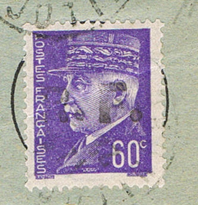 Emission de Loches  Pétain 60 c violet surcharge R.F. sur avis de percepteur Ccf16110