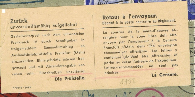 Lettres recommandées en exprès des STO ne sont plus admises temporairement par la censure de Francfort/M (e)  pour la zone sud Ccf18112