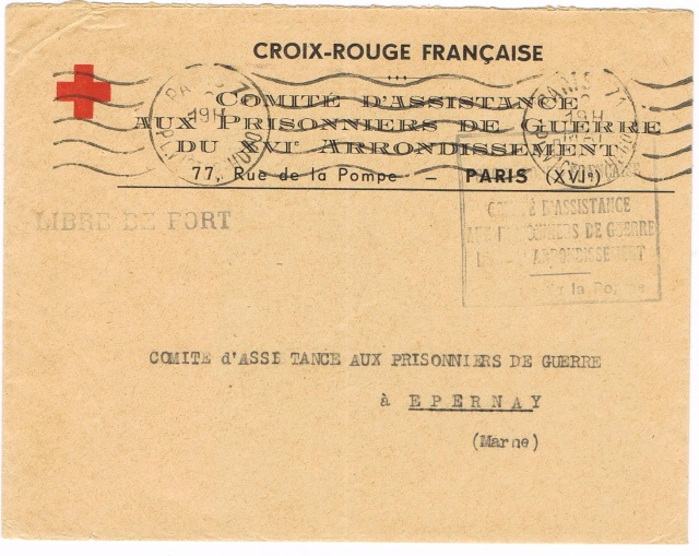 Lettre avec étiquette de recommandation "PARIS 41 " et TAD "BUREAU DU COURRIER OFFICIEL PARIS" du 18.9.44 pour Chalons-sur-Marne Ccf28013