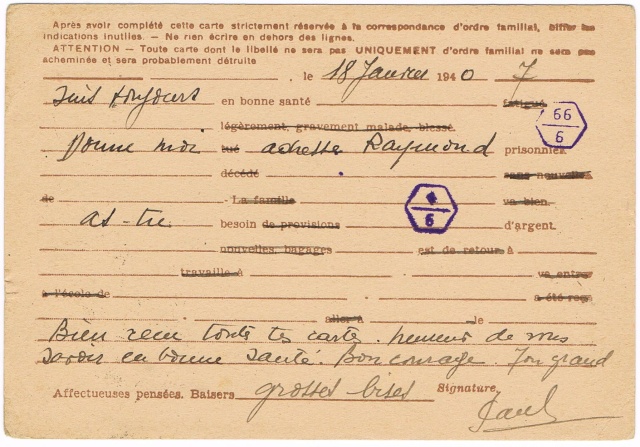 Note E.P.1 du 04.12.1940 relative au contrôle à exercer sur les Cartes Postales familiales (Interzone) Ccf29011