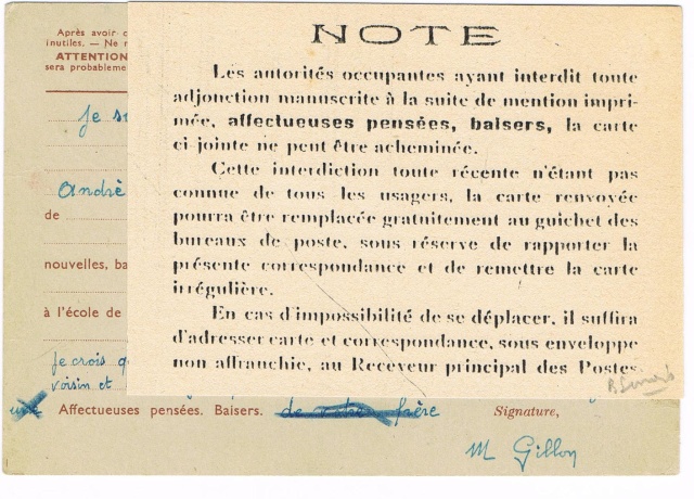 Note E.P.1 du 04.12.1940 relative au contrôle à exercer sur les Cartes Postales familiales (Interzone) Ccf29013