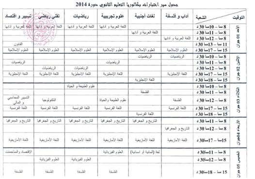 جدول اختبارات شهادة البكالوريا دورة جوان 2014 10418410
