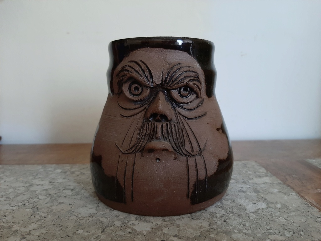 Moustache face mug F mark cross dots - Glaneirw Pottery, Wales  20220811