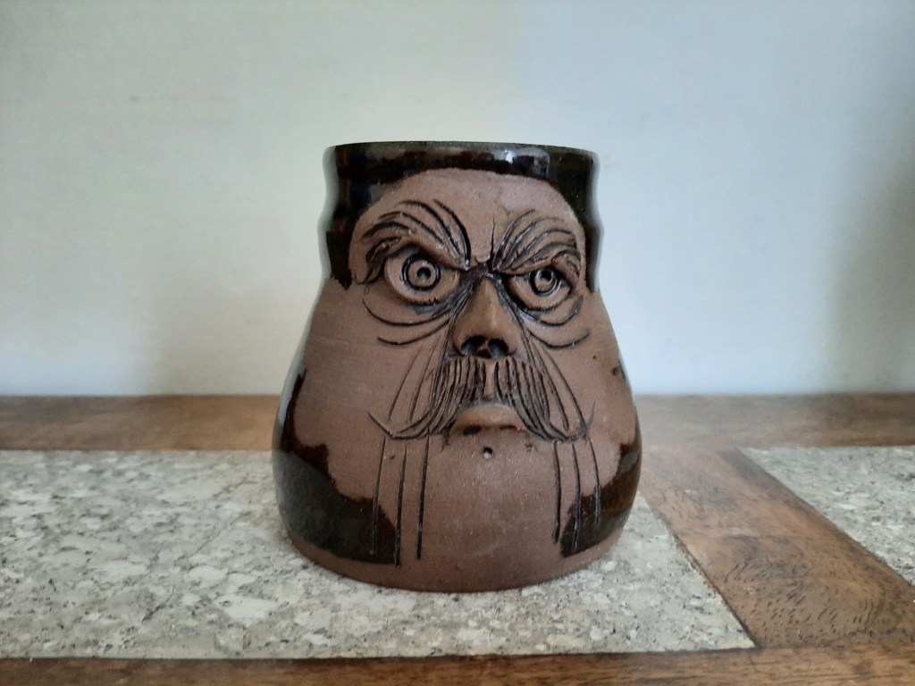 Moustache face mug F mark cross dots - Glaneirw Pottery, Wales  20220815