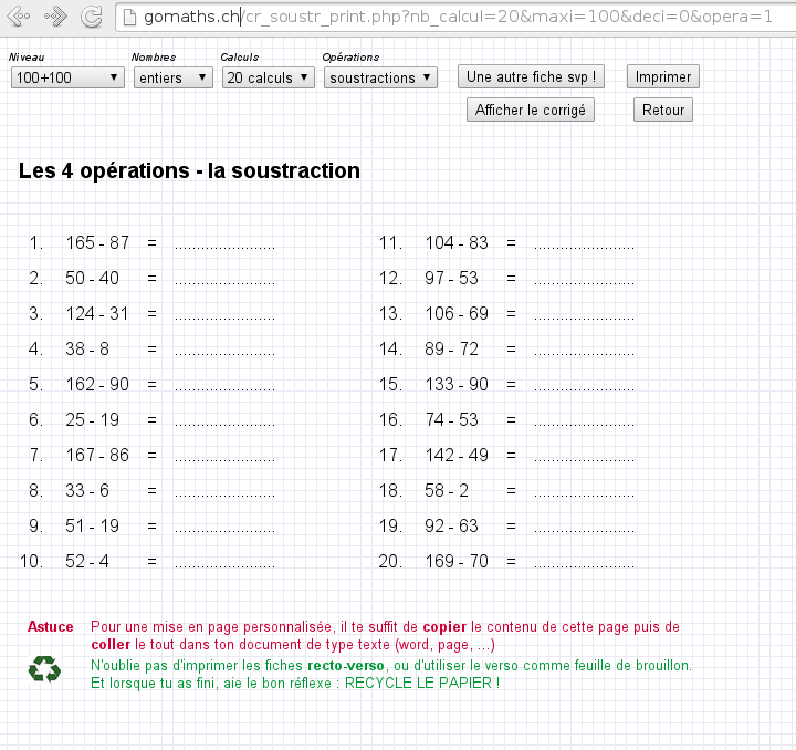 Générateurs de fiches de travail en mathématiques Gomath10