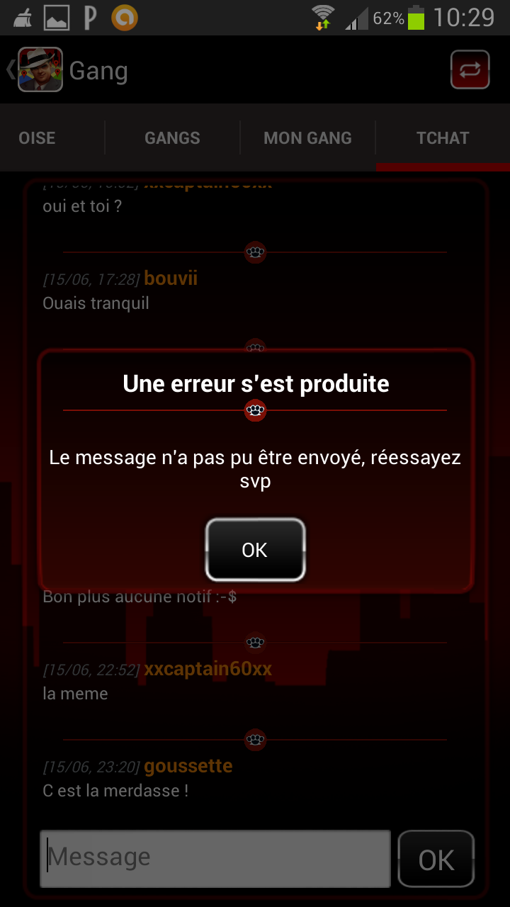 Crash lors de l'envoi ed message -- tchat de gang Screen11