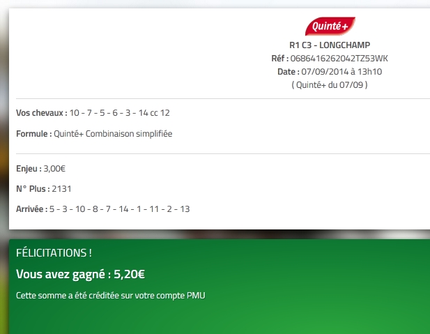 07/09/2014 --- LONGCHAMP --- R1C3 --- Mise 10 € => Gain 5.2 €   Scree177