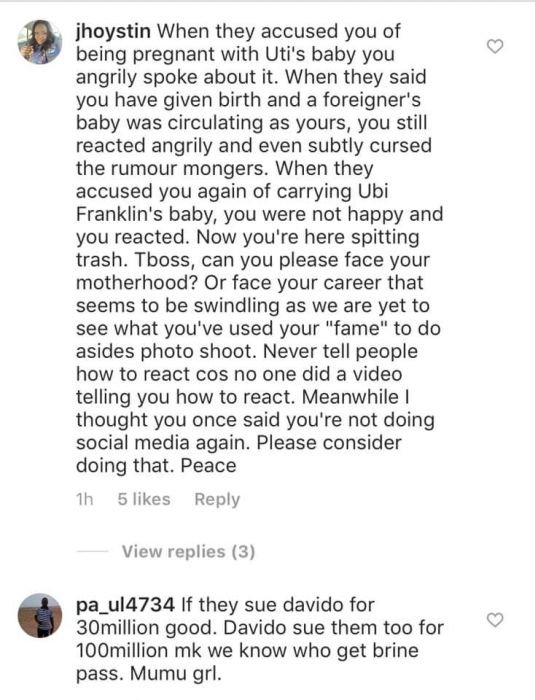 Nigerians Attack Tboss For Her Comment On Davido’s Reaction To The “Fake Pregnancy Saga” 5dbbf010