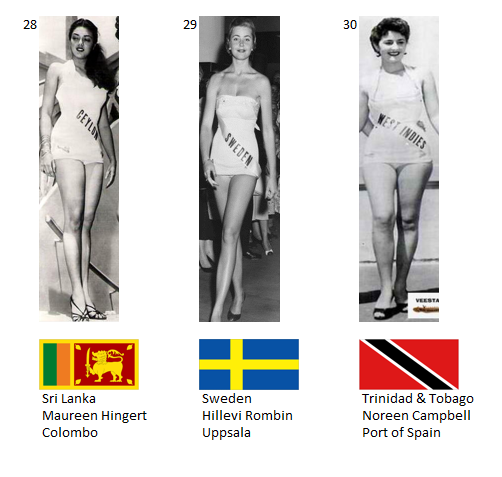 Miss Universo 1955. Hot Picks Top 15 Competencia Preliminar en Traje de Baño.  Grupo 10: 28) Sri Lanka, 29) Suecia, 30) Trinidad y Tobago. 10_14212