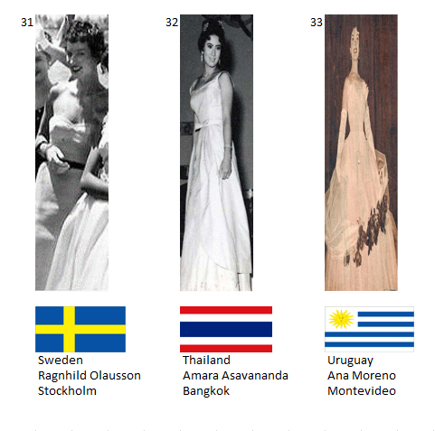 Miss Universo 1954. Hot Picks Top 16 Competencia Preliminar en Traje de Noche.  Grupo 11: 31) Suecia, 32) Tailandia, 33) Uruguay. 11_14511