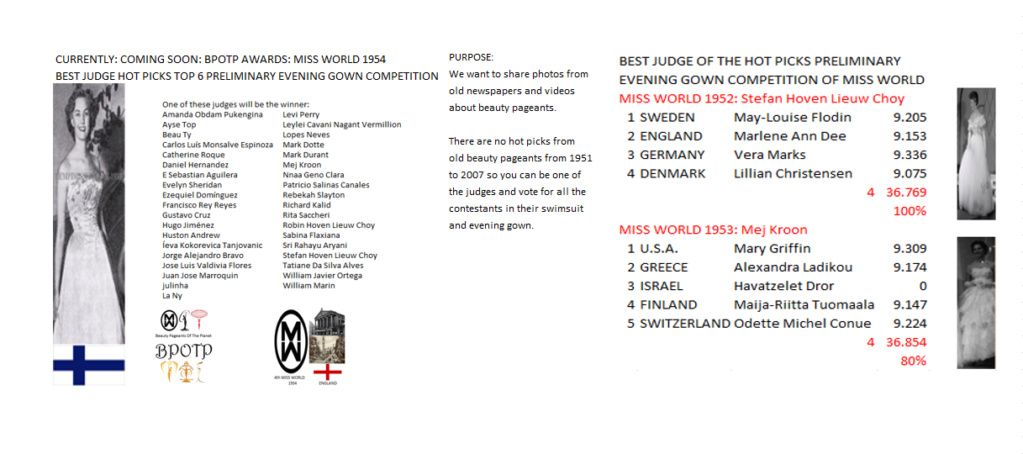 Miss Mundo 1954: Pronto: Beauty Pageants Of The Planet Awards (BPOTP): Mejor Juez del Hot Picks Top 6 Competencia Preliminar en Traje de Noche de Miss Mundo 1954. 14_1_c14