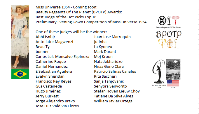 Miss Universo 1954: Pronto: Beauty Pageants Of The Planet Awards (BPOTP): Mejor Juez del Hot Picks Top 16 Competencia Preliminar en Traje de Noche de Miss Universo 1954. 14_cs_10