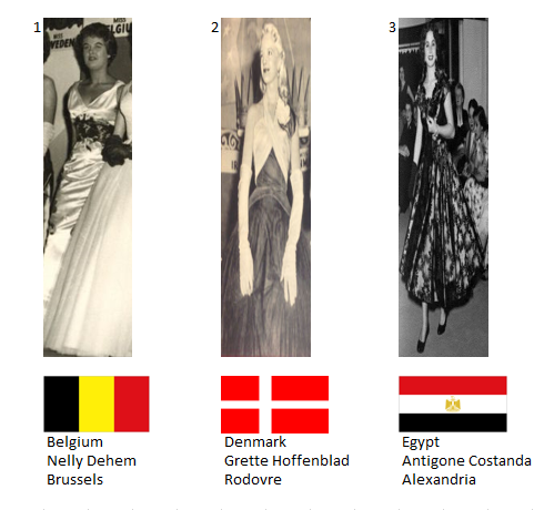 Miss Mundo 1954. Hot Picks Top 6 Competencia Preliminar en Traje de Noche. Grupo 1: 1) Bélgica, 2) Dinamarca, 3) Egipto. 1_17_415