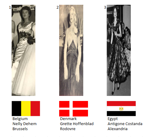 Miss Mundo 1954. Hot Picks Top 6 Competencia Preliminar en Traje de Noche.  Grupo 1: 1) Bélgica, 2) Dinamarca, 3) Egipto. 1_17_415