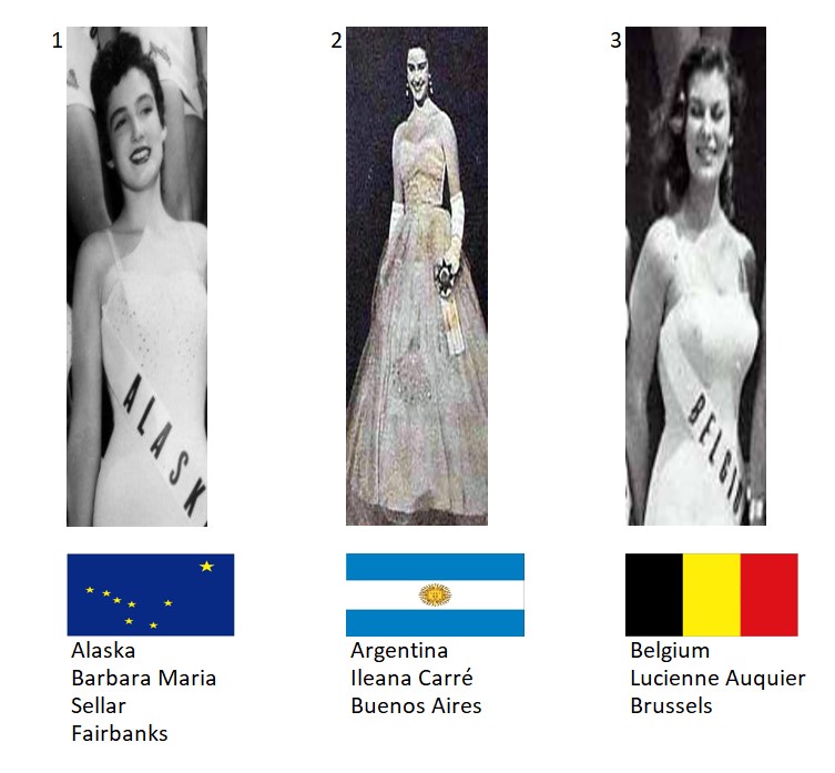 Miss Universo 1956. Hot Picks Top 15 Competencia Preliminar en Traje de Noche.  Grupo 1: 1) Alaska, 2) Argentina, 3) Bélgica. 1_208_12