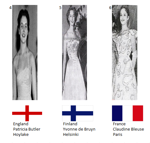 Miss Mundo 1954. Hot Picks Top 6 Competencia Preliminar en Traje de Noche.  Grupo 2: 4) Inglaterra, 5) Finlandia, 6) Francia. 2_126_11