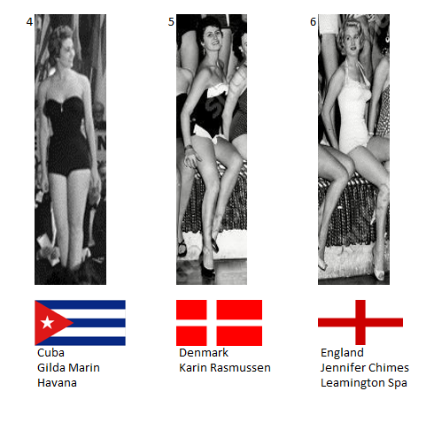Miss Mundo 1955. Hot Picks Top 8 Competencia Preliminar en Traje de Baño. Grupo 2: 4) Cuba, 5) Dinamarca, 6) Inglaterra. 2_40_410