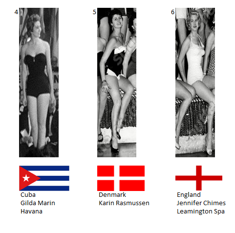 Miss Mundo 1955. Hot Picks Top 8 Competencia Preliminar en Traje de Baño.  Grupo 2: 4) Cuba, 5) Dinamarca, 6) Inglaterra. 2_40_410