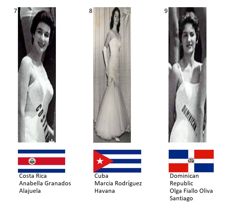 Miss Universo 1956. Hot Picks Top 15 Competencia Preliminar en Traje de Noche.  Grupo 3: 7) Costa Rica, 8) Cuba, 9) República Dominicana.    3_39_412