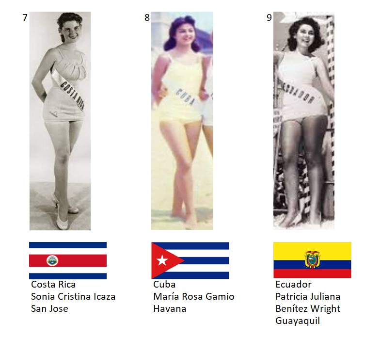 Miss Universo 1957. Hot Picks Top 15 Competencia Preliminar en Traje de Baño.  Grupo 3: 7) Costa Rica, 8) Cuba, 9) Ecuador. 3_39_414