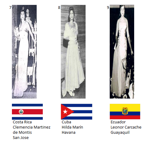 Miss Universo 1955. Hot Picks Top 15 Competencia Preliminar en Traje de Noche.  Grupo 3: 7) Costa Rica, 8) Cuba, 9) Ecuador.    3_39_414