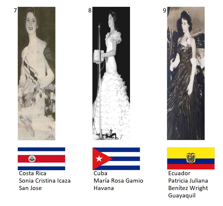Miss Universo 1957. Hot Picks Top 15 Competencia Preliminar en Traje de Noche.  Grupo 3: 7) Costa Rica, 8) Cuba, 9) Ecuador. 3_39_416
