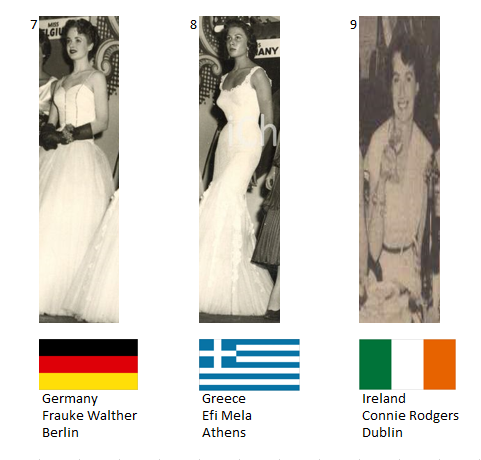 Miss Mundo 1954. Hot Picks Top 6 Competencia Preliminar en Traje de Noche.  Grupo 3: 7) Alemania, 8) Grecia, 9) Irlanda. 3_4_6412