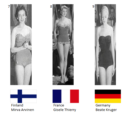 Miss Mundo 1955. Hot Picks Top 8 Competencia Preliminar en Traje de Baño.  Grupo 3: 7) Finlandia, 8) Francia, 9) Alemania. 3_57_510