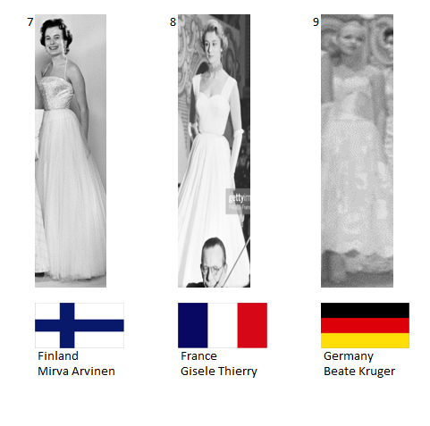 Miss Mundo 1955. Hot Picks Top 8 Competencia Preliminar en Traje de Noche. Grupo 3: 7) Finlandia, 8) Francia, 9) Alemania. 3_57_512