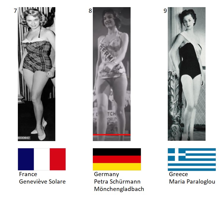 Miss Mundo 1956. Hot Picks Top 6 Competencia Preliminar en Traje de Baño.  Grupo 3: 7) Francia, 8) Alemania, 9) Grecia. 3_59_410