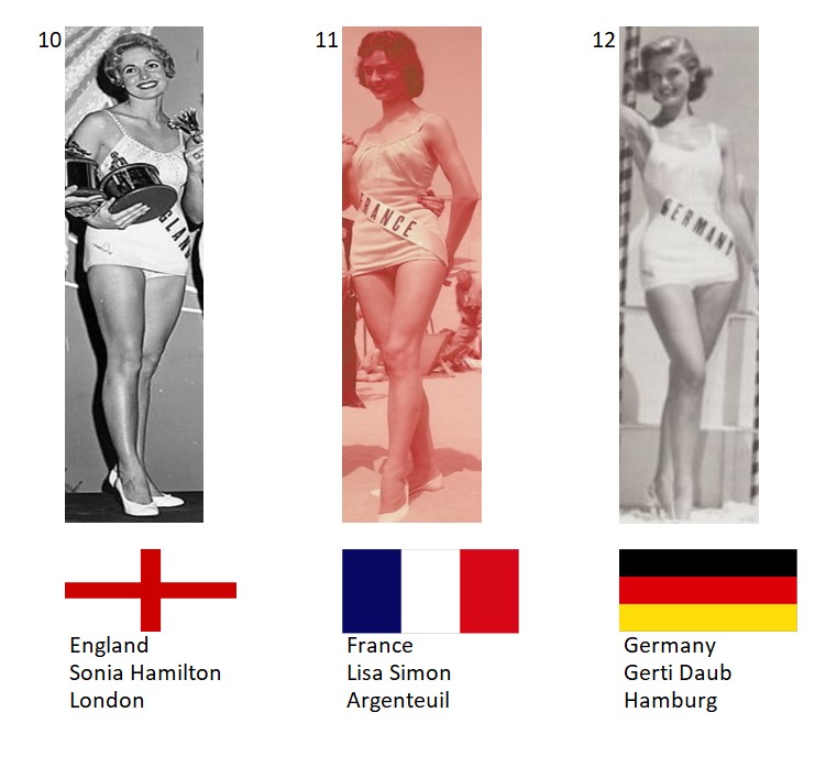 Miss Universo 1957. Hot Picks Top 15 Competencia Preliminar en Traje de Baño.  Grupo 4: 10) Inglaterra, 11) Francia, 12) Alemania. 4_126_10