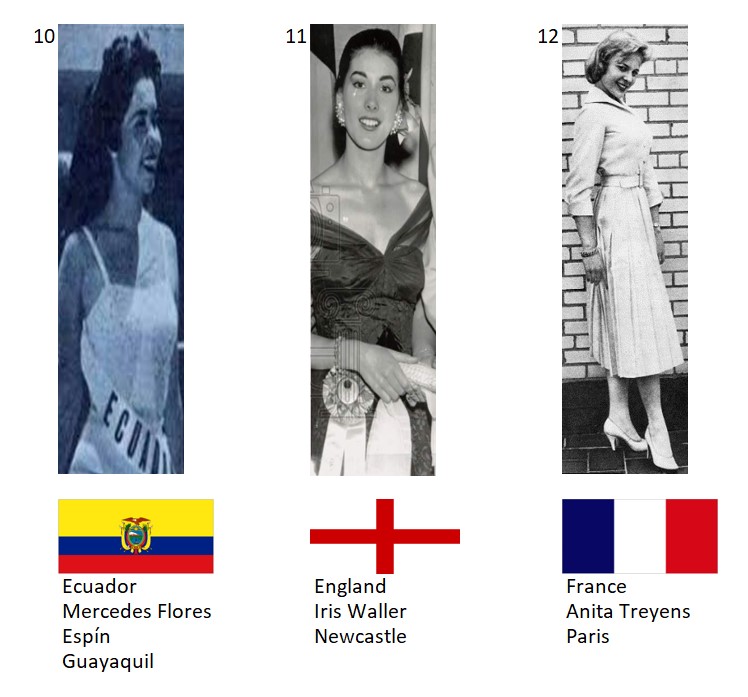 Miss Universo 1956. Hot Picks Top 15 Competencia Preliminar en Traje de Noche.  Grupo 4: 10) Ecuador, 11) Inglaterra, 12) Francia. 4_49_112