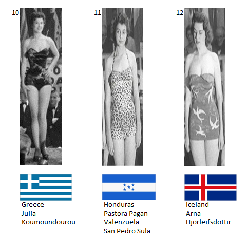 Miss Mundo 1955. Hot Picks Top 8 Competencia Preliminar en Traje de Baño.  Grupo 4: 10) Grecia, 11) Honduras, 12) Islandia. 4_64_710