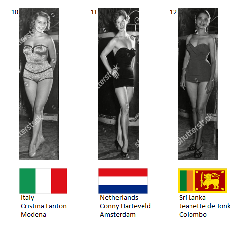 Miss Mundo 1954. Hot Picks Top 6 Competencia Preliminar en Traje de Baño.  Grupo 4: 10) Italia, 11) Países Bajos, 12) Sri Lanka. 4_80_110