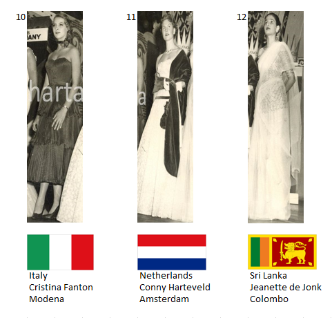 Miss Mundo 1954. Hot Picks Top 6 Competencia Preliminar en Traje de Noche.  Grupo 4: 10) Italia, 11) Países Bajos, 12) Sri Lanka. 4_80_112