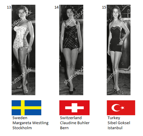 Miss Mundo 1954. Hot Picks Top 6 Competencia Preliminar en Traje de Baño.  Grupo 5: 13) Suecia, 14) Suiza, 15) Turquía. 5_145_10