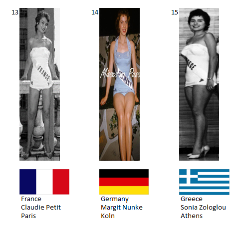 Miss Universo 1955. Hot Picks Top 15 Competencia Preliminar en Traje de Baño.  Grupo 5: 13) Francia, 14) Alemania, 15) Grecia. 5_59_412