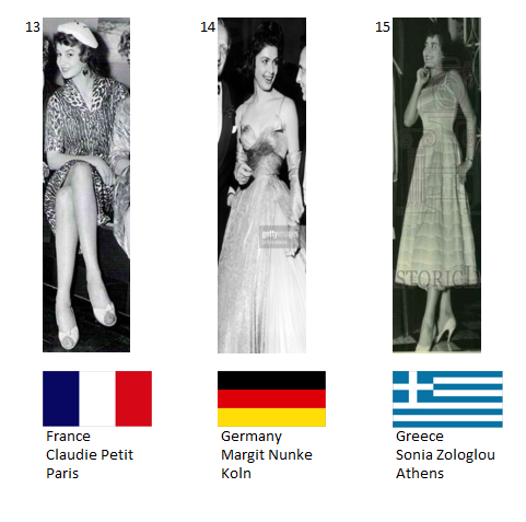 Miss Universo 1955. Hot Picks Top 15 Competencia Preliminar en Traje de Noche.  Grupo 5: 13) Francia, 14) Alemania, 15) Grecia. 5_59_414