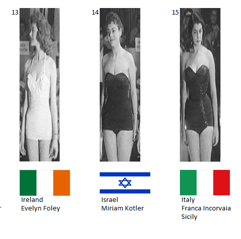 Miss Mundo 1955. Hot Picks Top 8 Competencia Preliminar en Traje de Baño.  Grupo 5: 13) Irlanda, 14) Israel, 15) Italia. 5_77_710