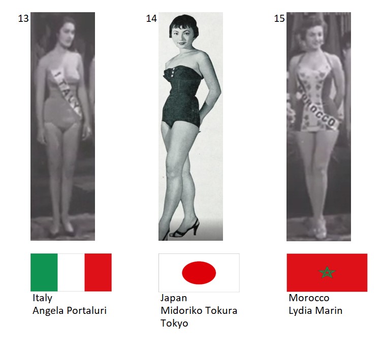 Miss Mundo 1956. Hot Picks Top 6 Competencia Preliminar en Traje de Baño. Grupo 5: 13) Italia, 14) Japón, 15) Marruecos. 5_80_810