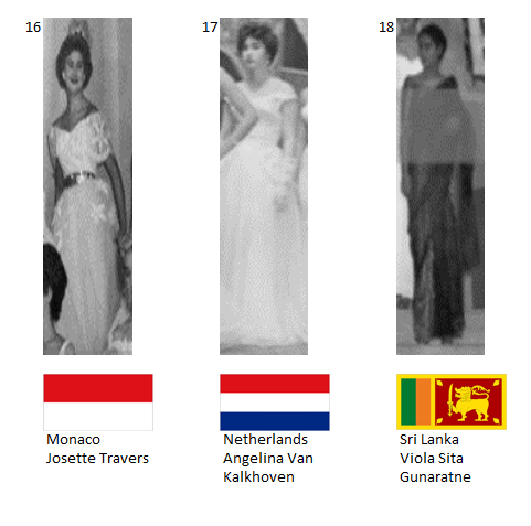 Miss Mundo 1955. Hot Picks Top 8 Competencia Preliminar en Traje de Noche.  Grupo 6: 16) Mónaco, 17) Países Bajos, 18) Sri Lanka. 6_105_12