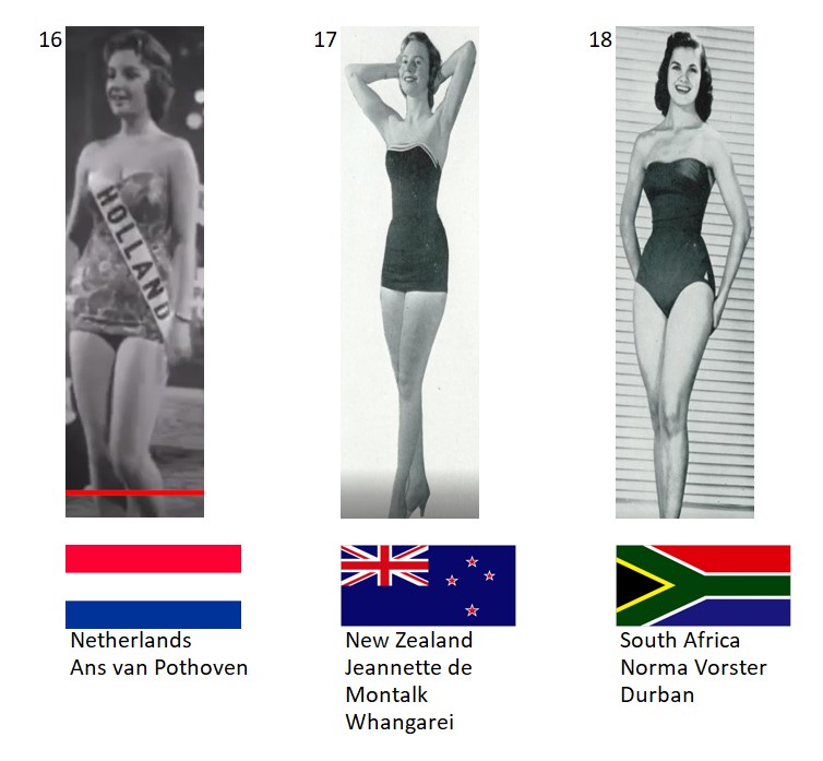 Miss Mundo 1956. Hot Picks Top 6 Competencia Preliminar en Traje de Baño. Grupo 6: 16) Países Bajos, 17) Nueva Zelanda, 18) Sudáfrica. 6_116_10